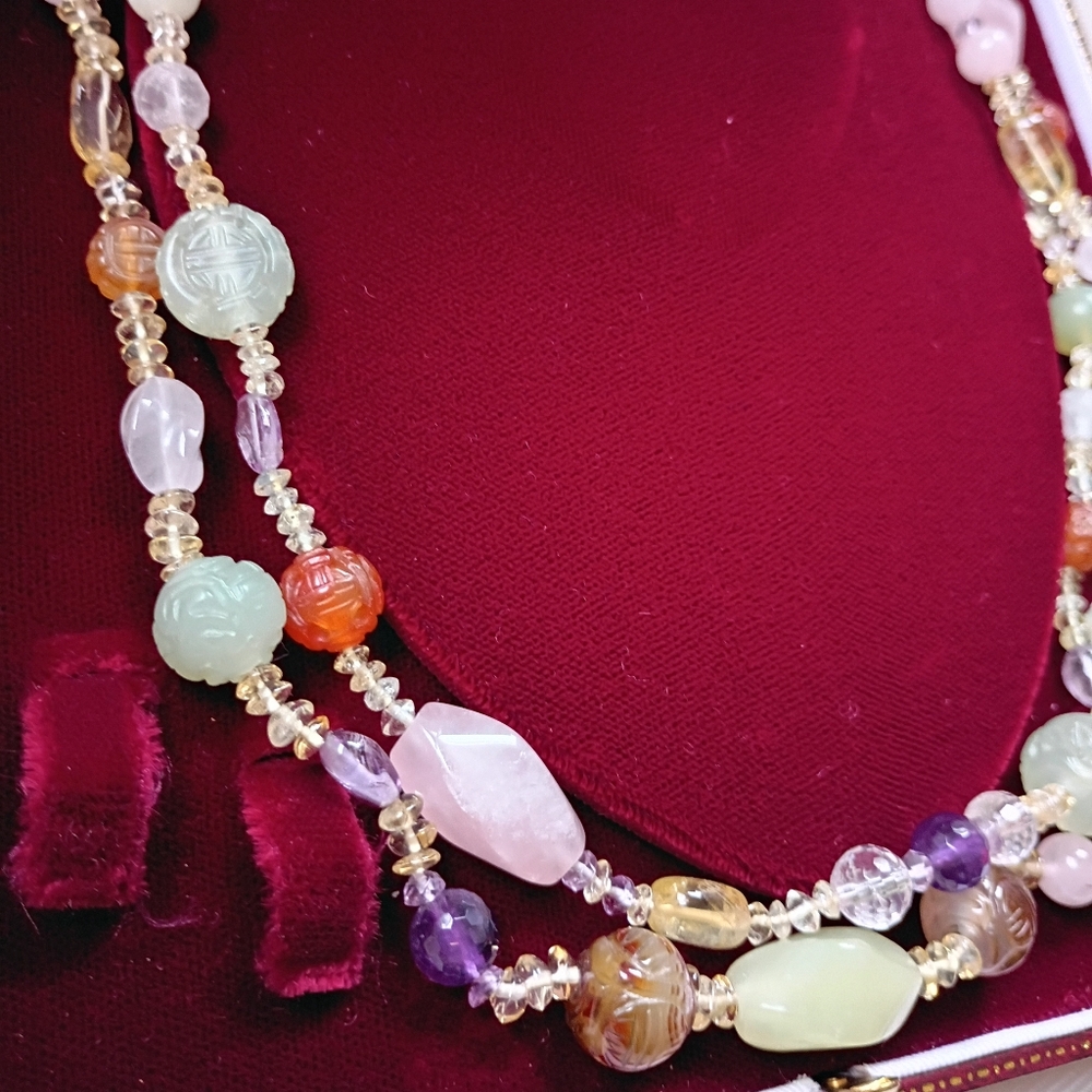Celadon Jade Multi Gemstone Asian Vintage Necklace Spring Colors Double Strand - Picture 2 of 9